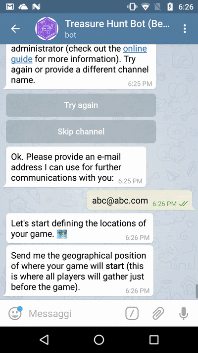 Setting the start and end location through the share location feature in Telegram